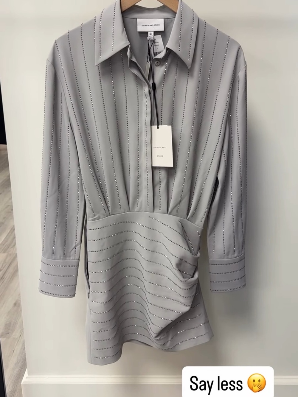 Light Gray Long Sleeve Shirt Dress with Metallic Pinstripes